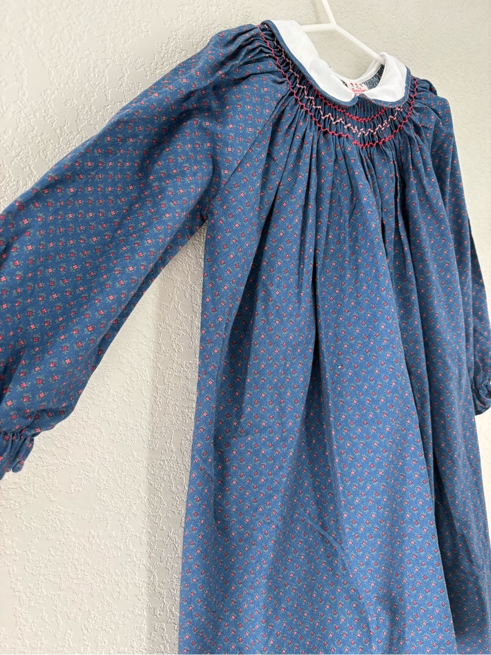 Vintage Girls The Smockery Smocked Long Sleeve Dress Size 5 Blue Fall Collar - Picture 4 of 8